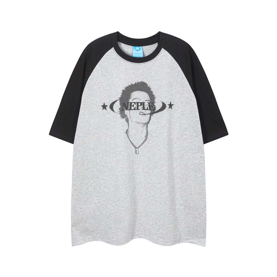 Gray raglan short-sleeve T-shirt with black sleeves and neckband and a front graphic print with NEPLE text