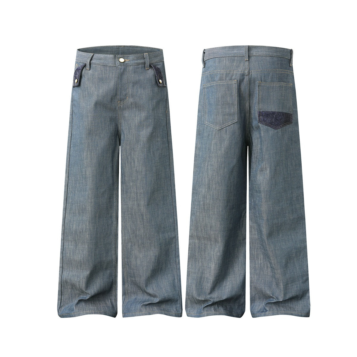 Blue-gray wide-leg jeans shown from the front and back, with dark decorative pocket details.