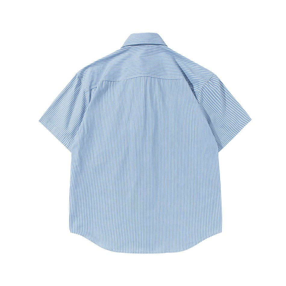 Back view of a light blue and white striped short-sleeved button-up shirt.