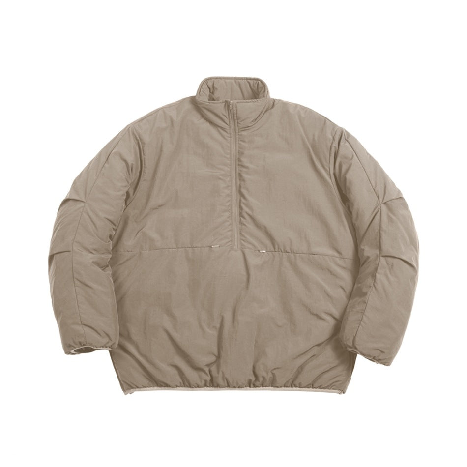 Khaki taupe half-zip padded pullover jacket with stand collar, front pocket seam and elastic hem, flat front view