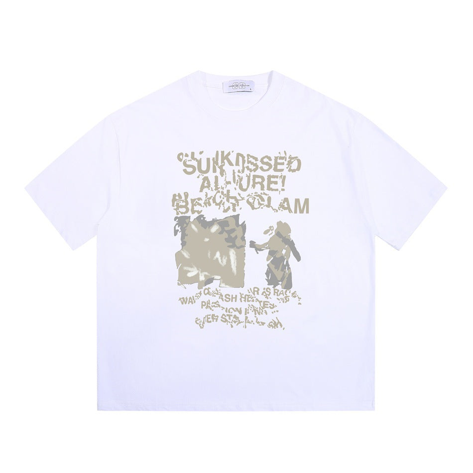 White short-sleeve crew neck t-shirt with a large distressed beige graphic and lettering on the front