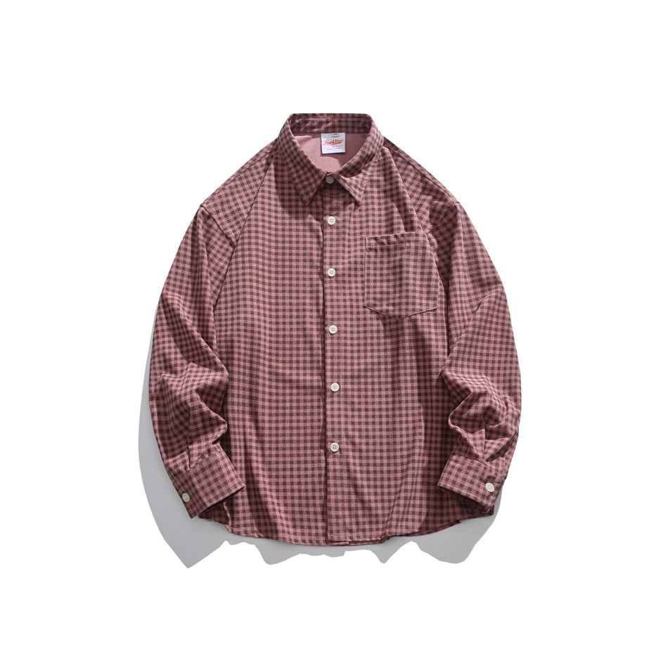 Dusty red and dark gingham long-sleeve button-up shirt with chest pocket, flat lay