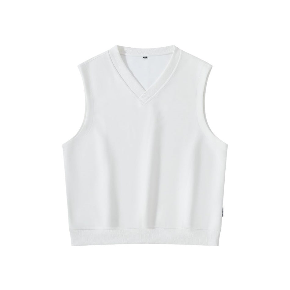 White sleeveless V-neck vest with ribbed neckline and hem, flat front view
