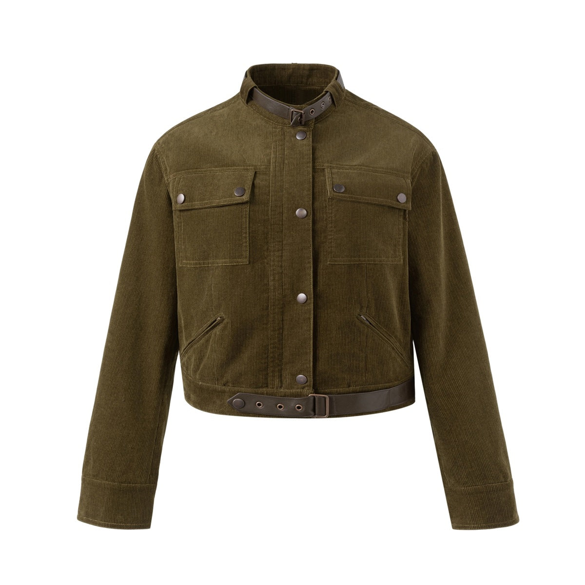 Olive green corduroy cropped jacket flat lay with stand collar, snap front, chest flap pockets and brown buckle straps