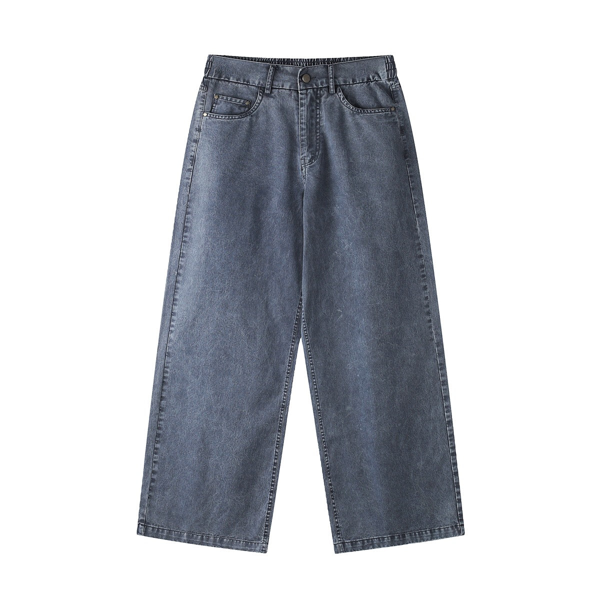Faded blue-gray navy wide-leg straight pants with five pockets, button fly and elastic waist detail, flat front view