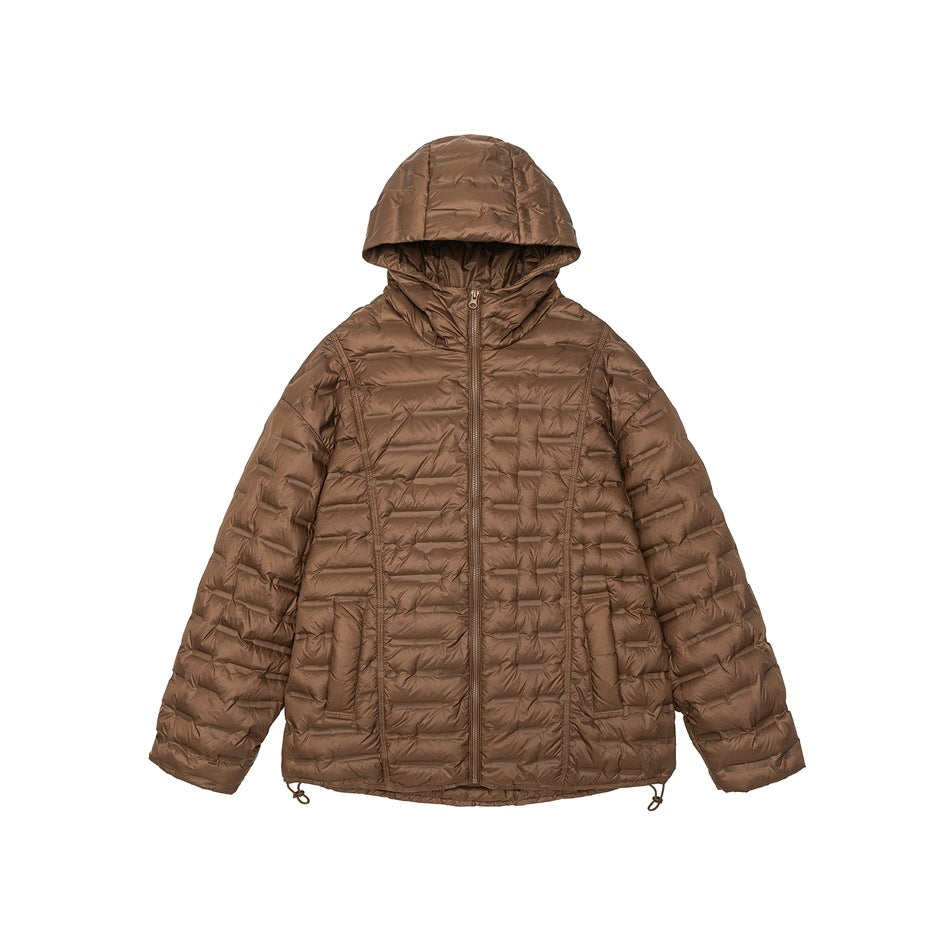 Brown hooded quilted puffer jacket with front zipper, pockets and hem drawcords, flat view