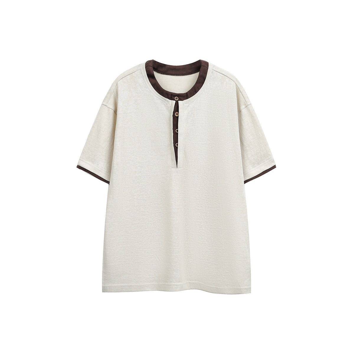 Beige-apricot short-sleeve Henry-neck T-shirt with brown neck trim, button placket and brown sleeve-hem trim, front view