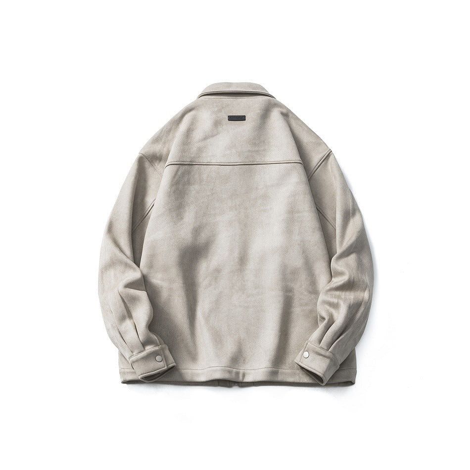 Back view of khaki suede-look jacket flat lay with back yoke seam, snap cuffs and small dark label