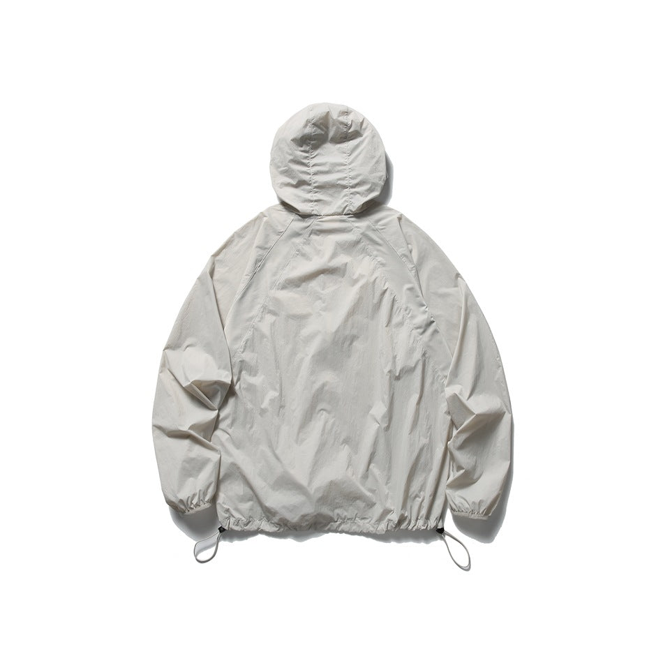 Back view of light gray hooded jacket with raglan seams, hood and drawcord hem with toggles