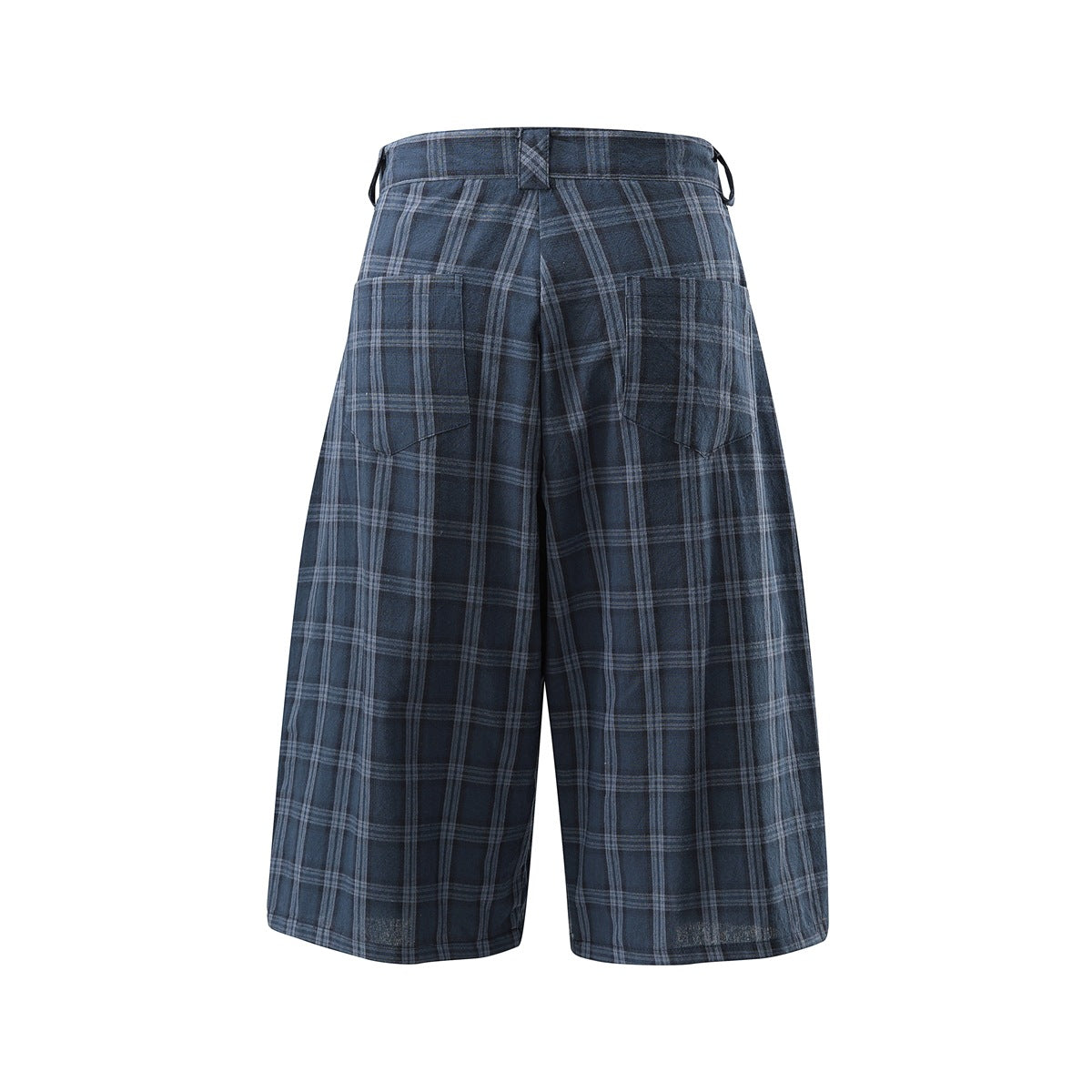 Back view of navy plaid shorts with two patch pockets and a wide waistband.
