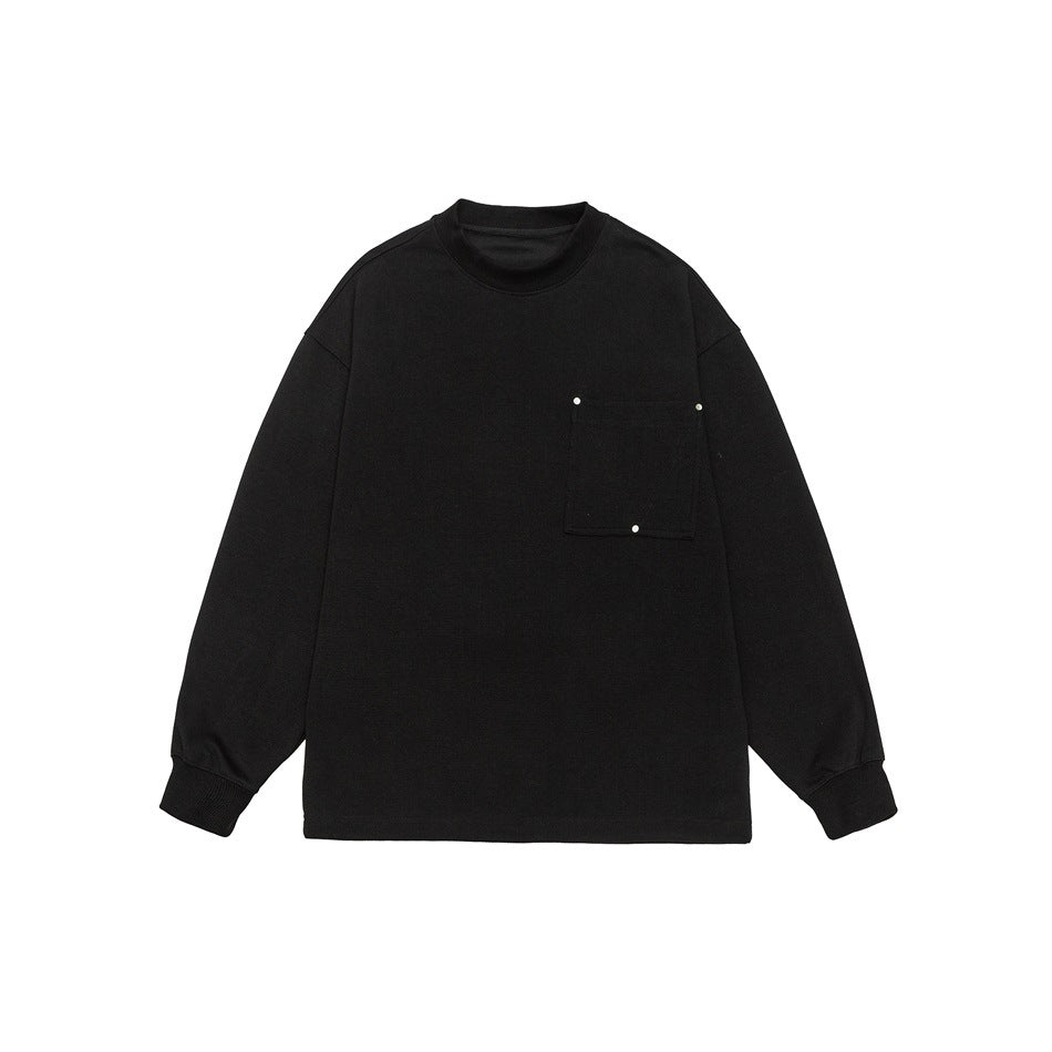 Black long-sleeve crew neck sweatshirt flat lay with square chest pocket and metal studs