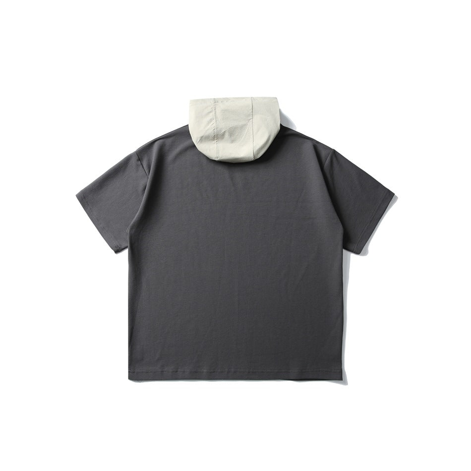 Back view of dark gray short-sleeve T-shirt with plain back and light beige paneled hood