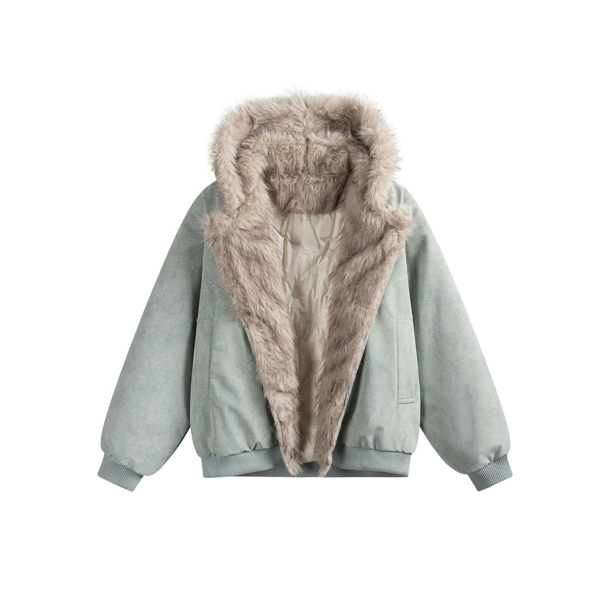 Front view of a sage green hooded jacket opened to show its beige fur trim and light-colored lining.