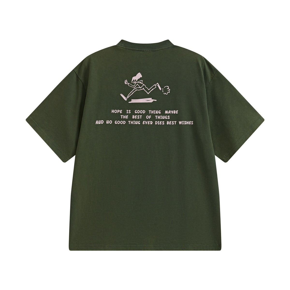 Back view of an olive-green T-shirt with a pale graphic of a running figure and English text.