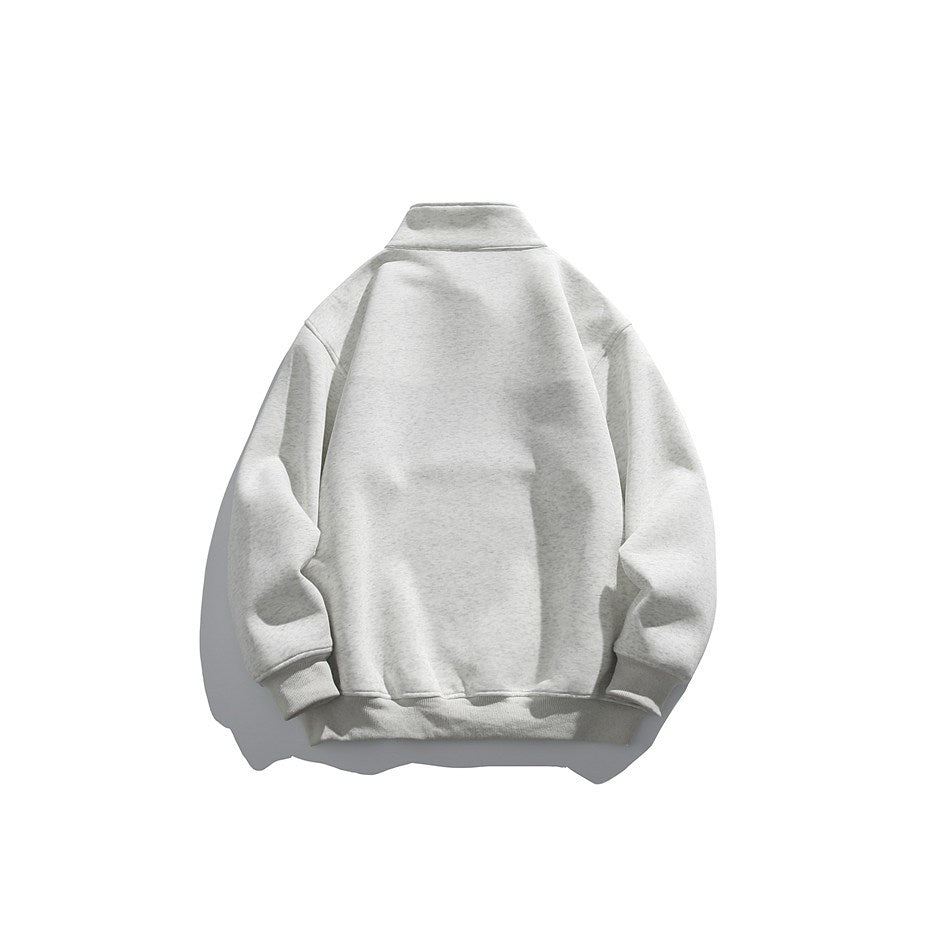 Back view of a light gray heathered stand-collar sweatshirt with ribbed cuffs and hem