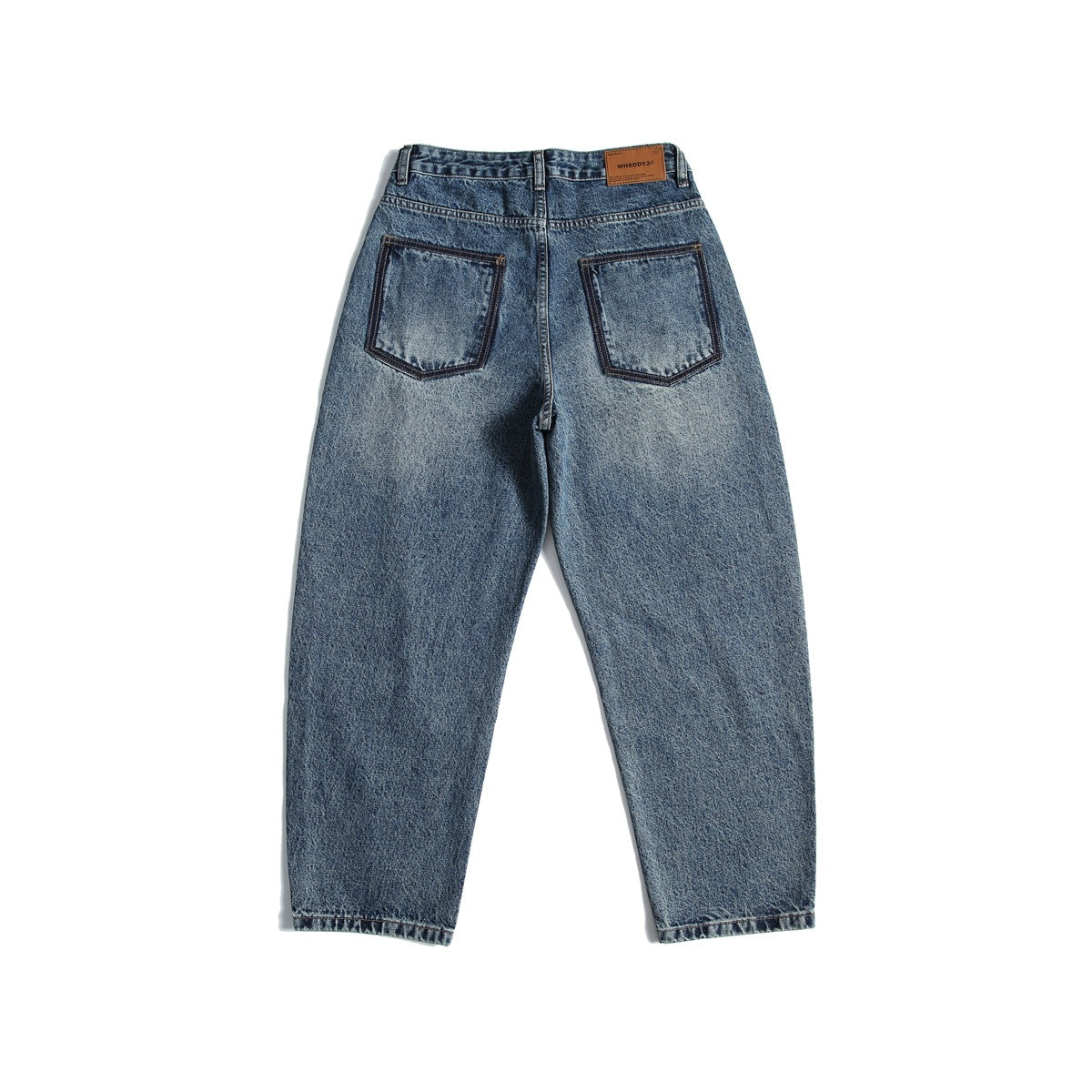 Full back view of blue jeans laid flat, with two back pockets and a straight, relaxed leg shape.