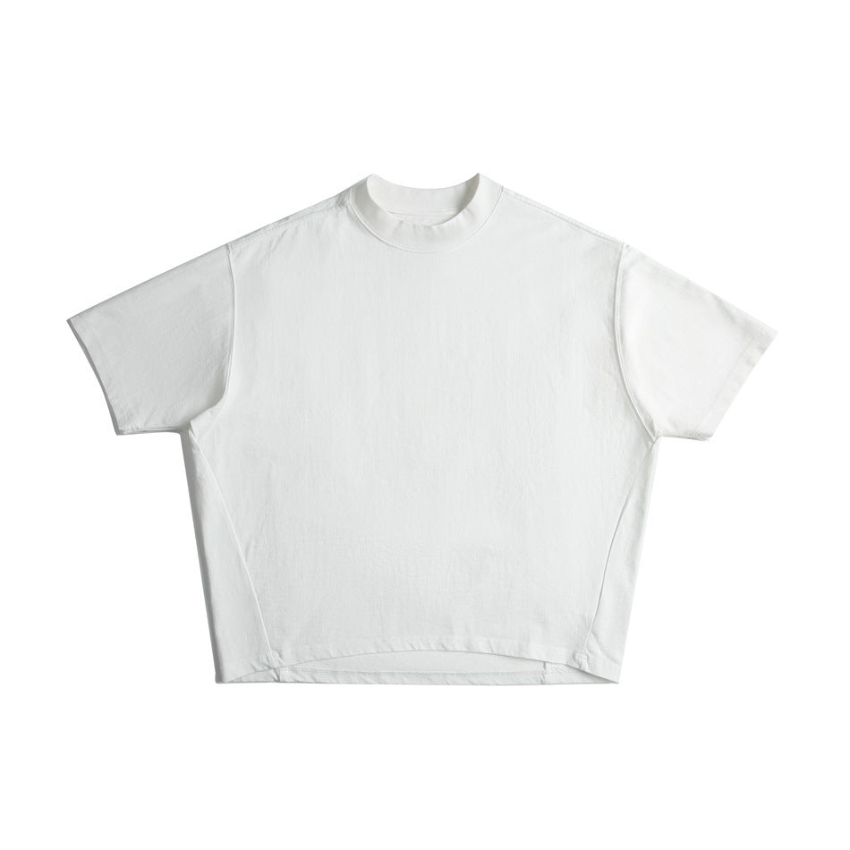 White short-sleeve T-shirt with a high crew neckline, shown flat against a white background.