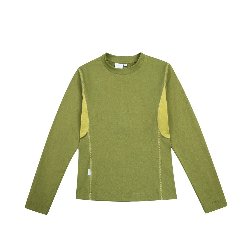 Green long-sleeve top with yellow-green side panels and contrast stitching, flat front view