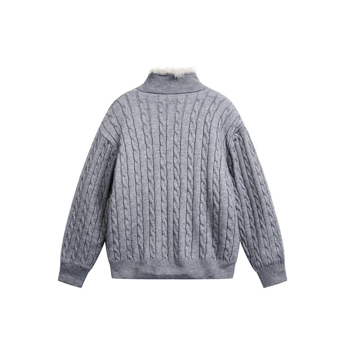 Light gray cable-knit jacket back view with stand collar, ribbed cuffs and hem, and plush collar lining at the neckline