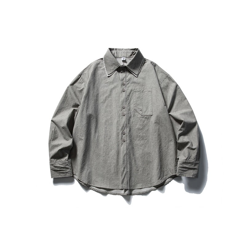 Gray long-sleeve button-up shirt with pointed collar and chest pocket, flat lay front view