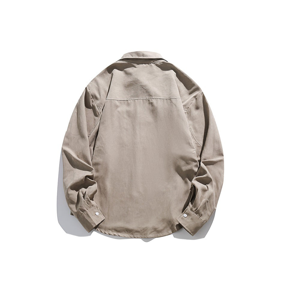 Back view of a taupe long-sleeved button-up shirt with a yoke seam and button cuffs.