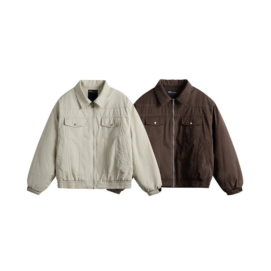 Two front views of a zip-front jacket with flap chest pockets, shown in light beige and dark brown.