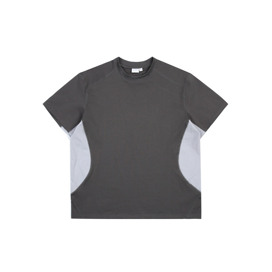 Dark gray short-sleeve crew-neck T-shirt with light gray curved side panels, flat front view