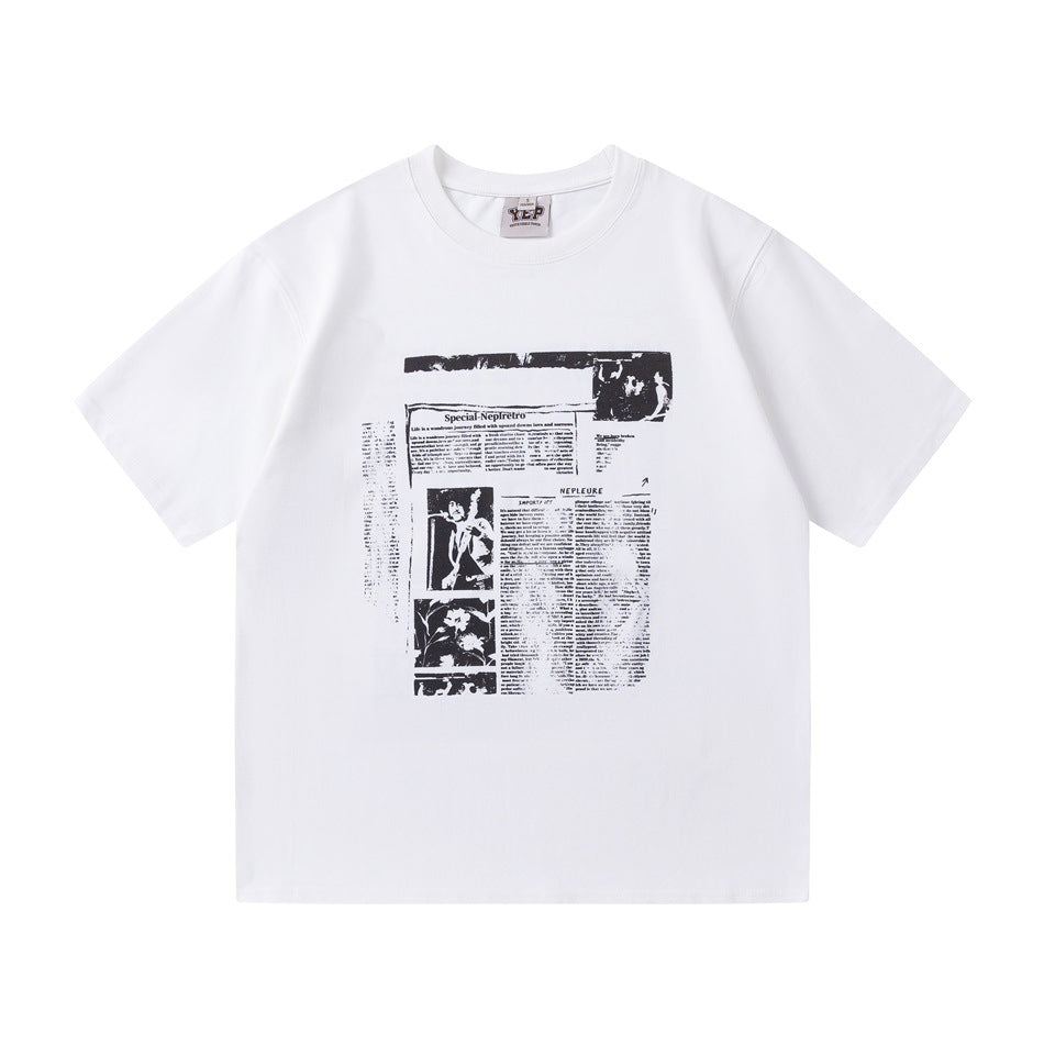 Front view of a white short-sleeve crew-neck T-shirt with a black newspaper-style chest graphic.
