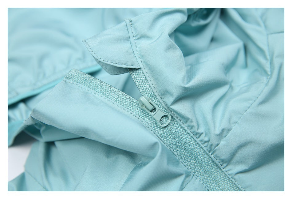 Aqua garment zipper and fabric flap shown in close-up.