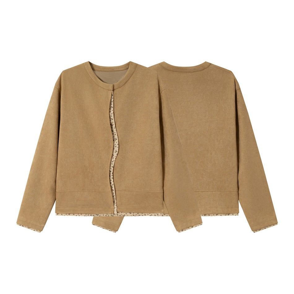 Tan long-sleeved jacket shown front and back, with a round neckline and narrow patterned trim along the front opening and