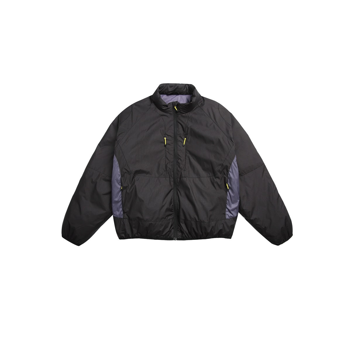 Black stand-collar zip jacket with gray-purple side panels and yellow zipper pulls, flat front view