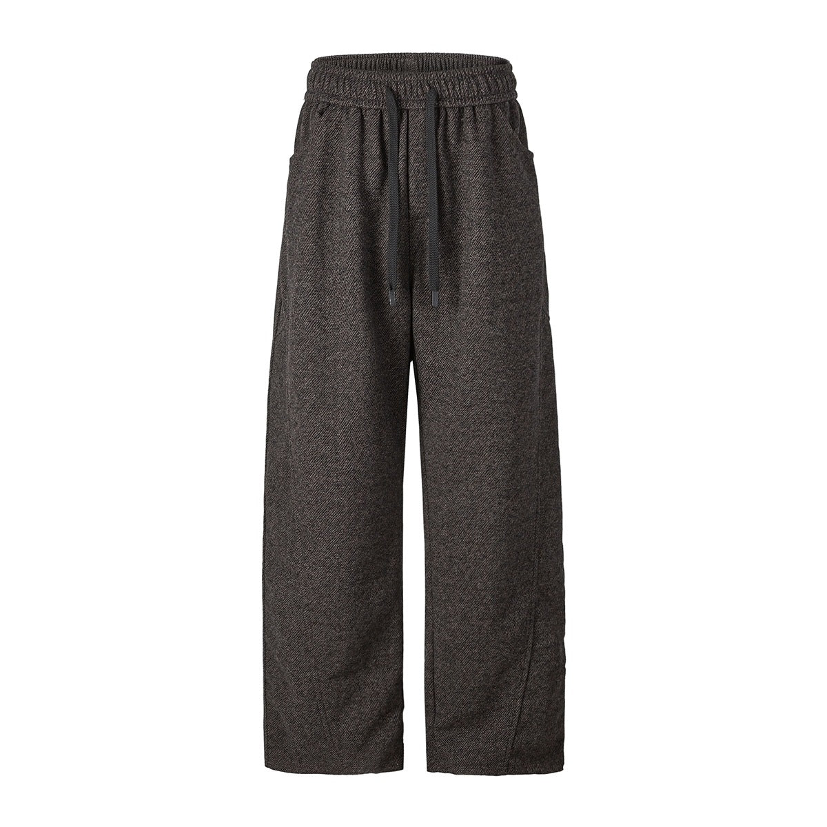 Brown wide-leg drawstring pants with elastic waist and textured twill fabric, front flat view
