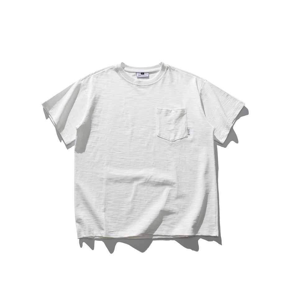 White short-sleeve crew-neck T-shirt with chest pocket, flat lay front view