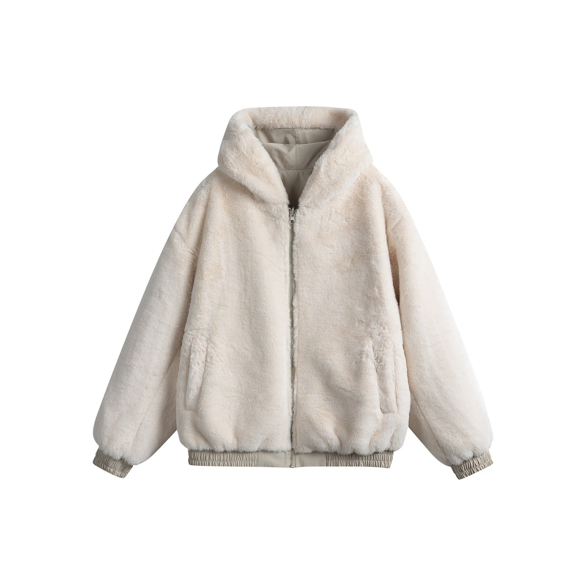 Front view of an ivory plush hooded jacket with a center zipper, two pockets, and gathered cuffs and hem.