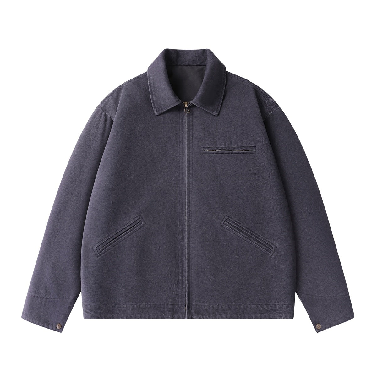 Slate gray zip-front work jacket with pointed collar, chest zip pocket, slanted hip pockets and cuff buttons, flat lay