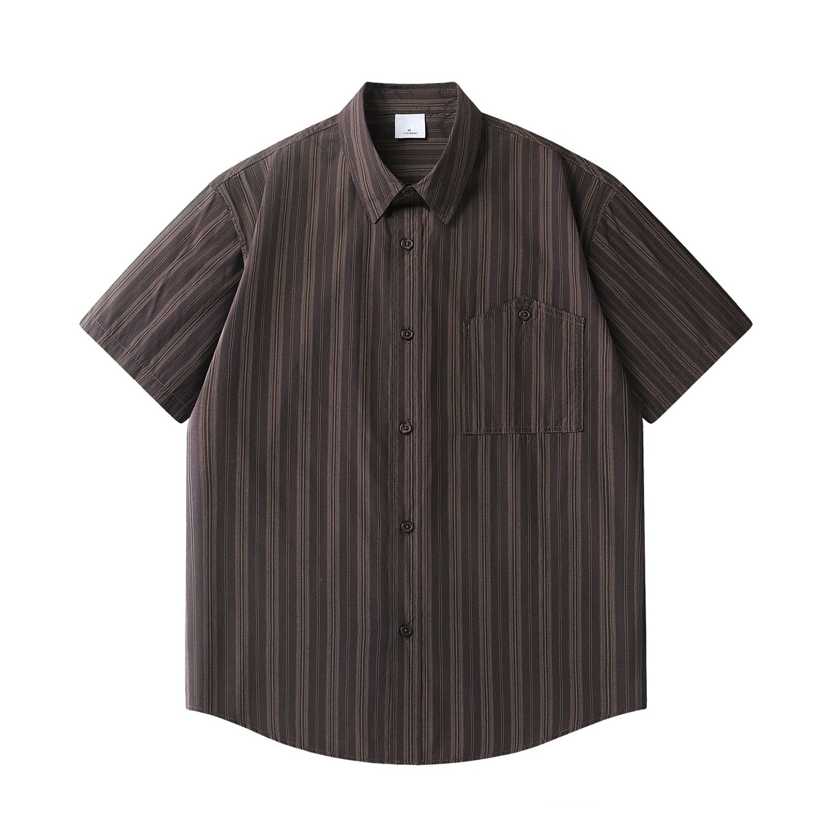 Coffee brown vertical-striped short-sleeve button-up shirt with chest pocket, flat front view