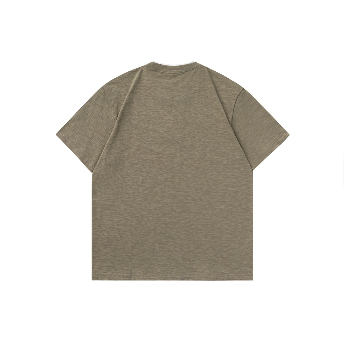 Back view of a plain olive heather short-sleeve shirt with a crew neckline.