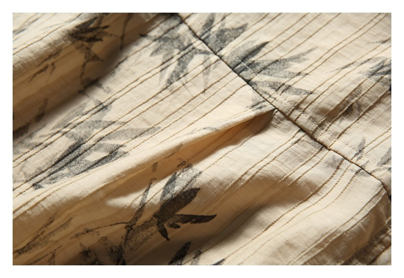 Close-up of the shirt's printed fabric and stitched seam.