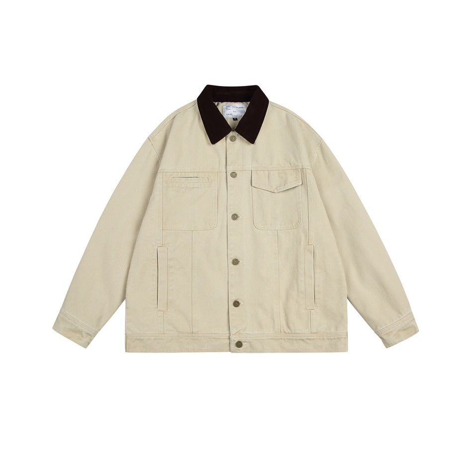 Khaki button-front work jacket with dark brown corduroy collar, chest pockets and side slash pockets, flat lay