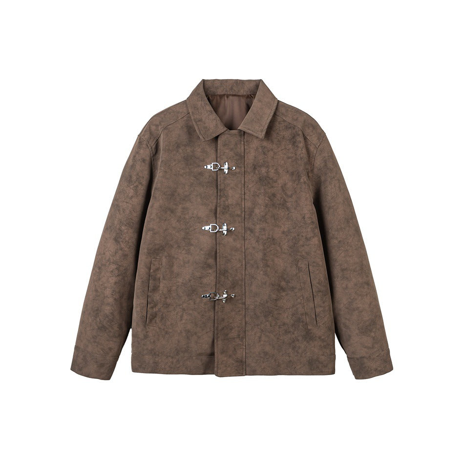 Brown suede-look jacket flat lay with pointed collar, three silver metal hook closures and side pockets
