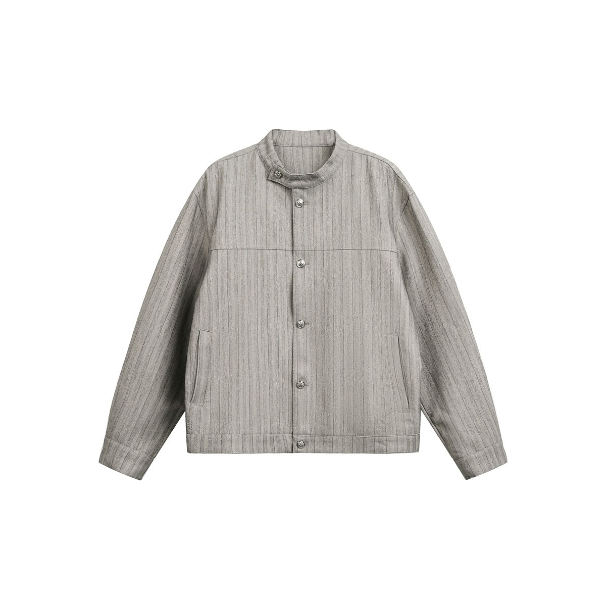 Gray vertical-striped stand-collar button-up jacket laid flat, front view with side pockets