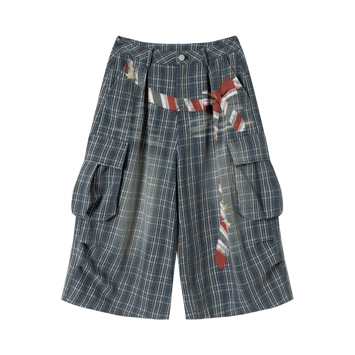 Front of blue plaid knee-length wide-leg cargo shorts with flap pockets and a printed red striped tie-belt graphic