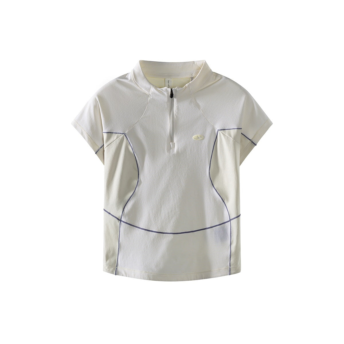 Ivory white half-zip short-sleeve top with cream side panels and blue-purple topstitching, flat front view
