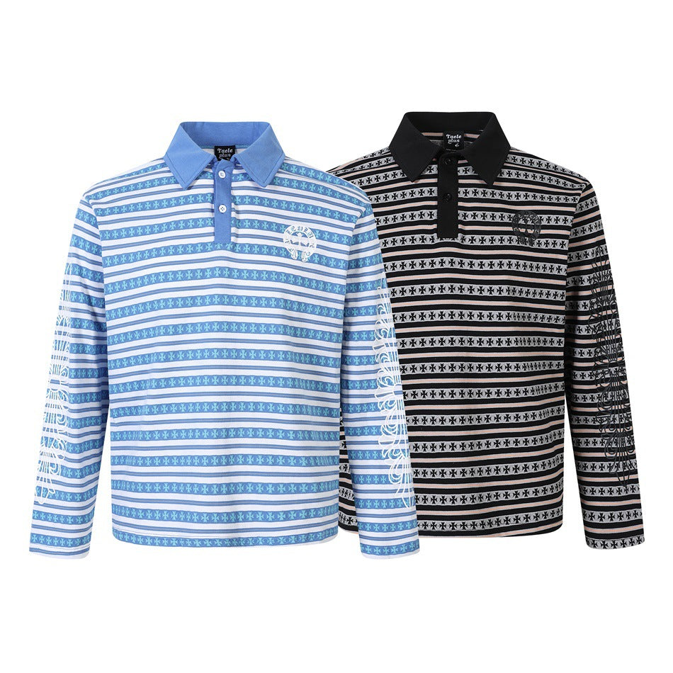 Two long-sleeve collared polos shown from the front: one blue-and-white patterned, one black-and-white patterned.