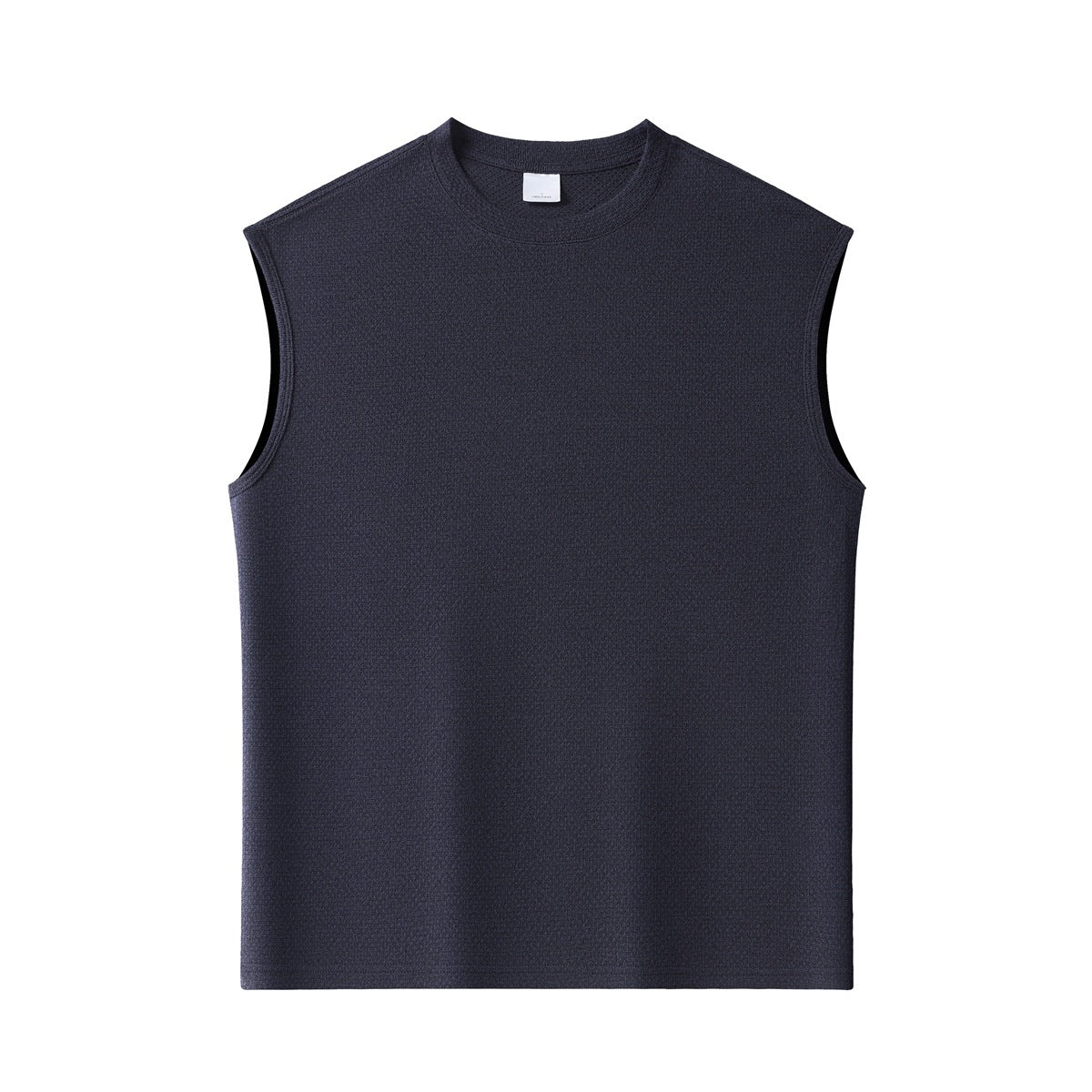 Dark blue sleeveless crew-neck tank top with a textured fabric surface, flat front view
