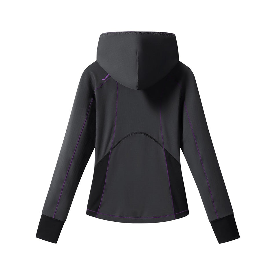 Back view of a charcoal hooded jacket with black cuffs and purple seam accents.