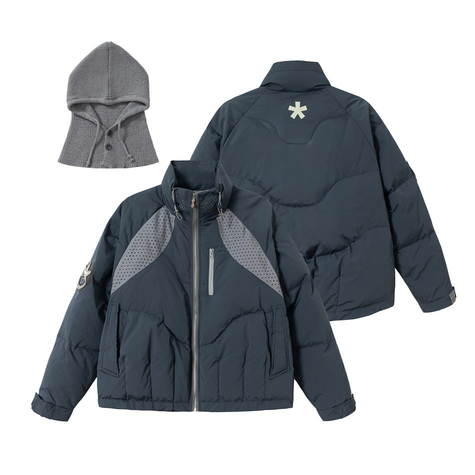 Blue-gray padded jacket shown from the front and back, with a separate gray knitted hood accessory.
