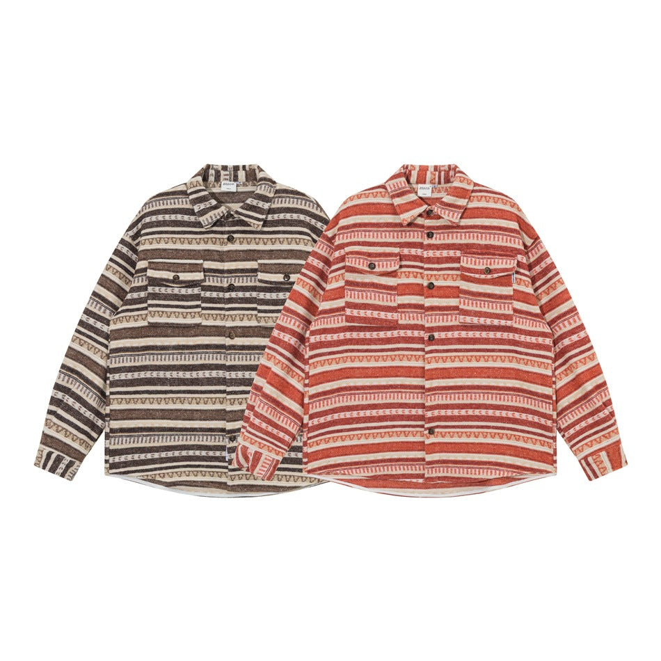 Two long-sleeve patterned button-up shirts shown from the front in brown and cream, and rust red and cream.