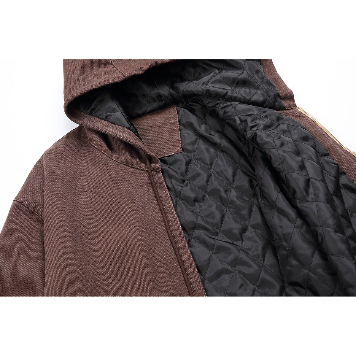 Close-up of a brown hooded jacket opened to show its black diamond-quilted lining and zipper.