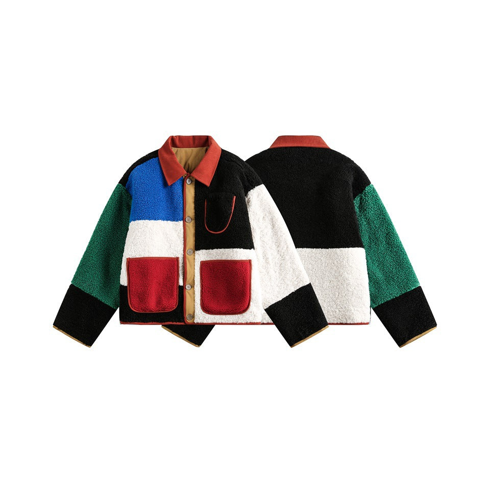 Color-block button-front jacket shown from the front and back on a white background.